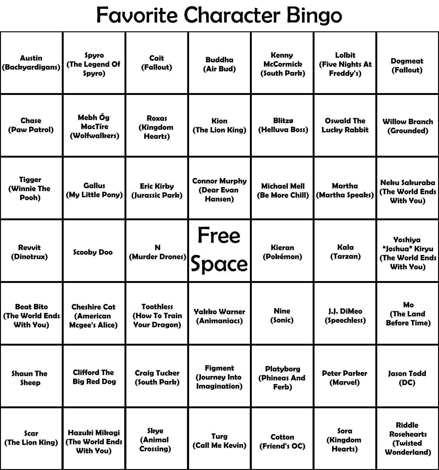 Favorite Character Bingo